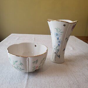 Lenox "Morningside Cottage" Flared Vase and Candy Bowl; floral pattern with bees